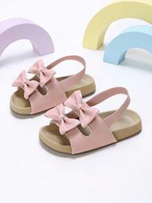 1 Pair New Summer Girls' Pink Double Bow Sandals, Princess Style Elastic Slip-On Kids Sandals, Cute & Fashionable Versatile Vacation Sandals, Suitable For Beach, Seaside, Shopping - Pink - View 1