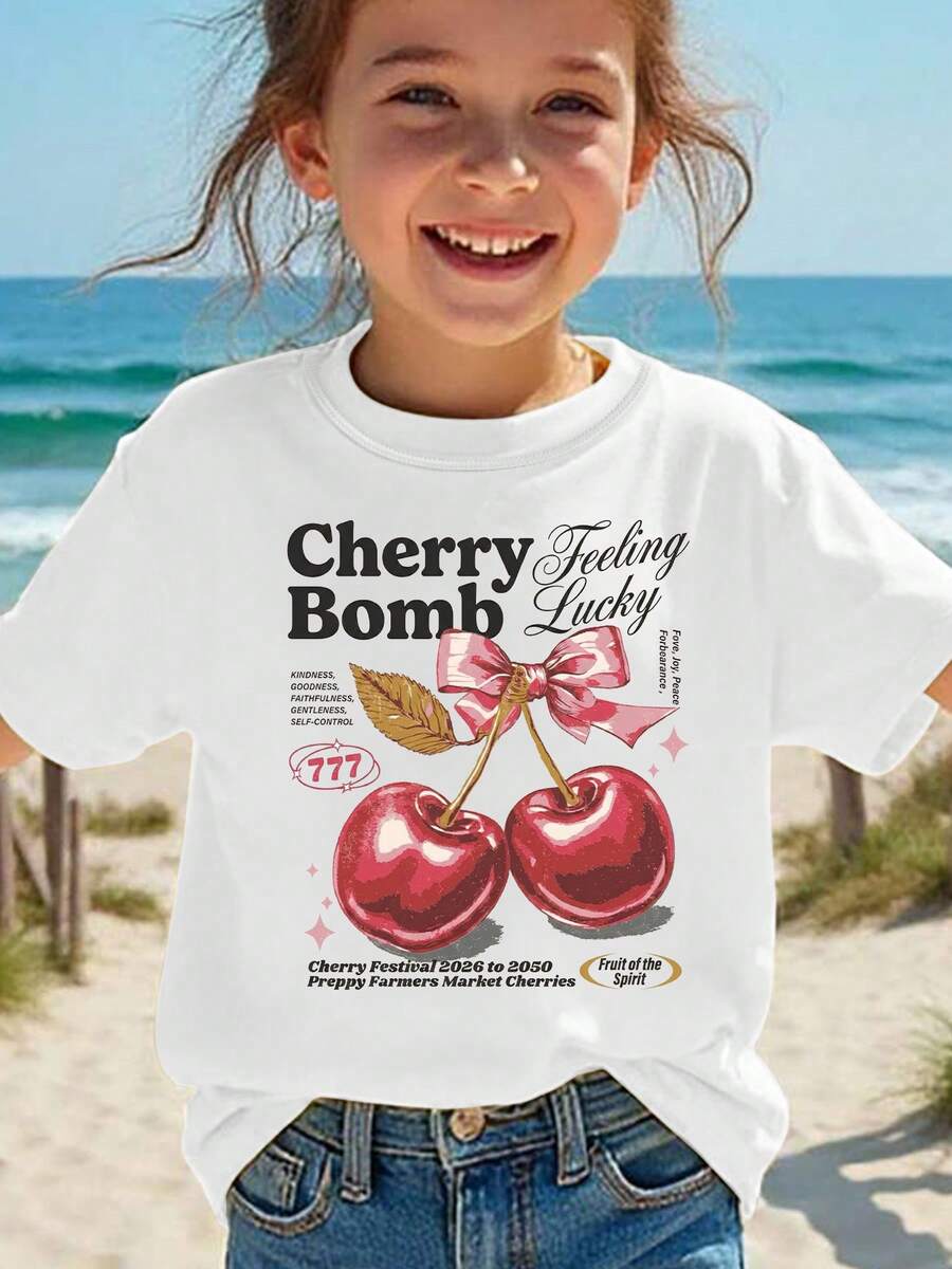 Girls' Short-Sleeved T-Shirt, Summer Style, With "Cherry Bomb" Print, Bow And Cartoon Cherry Design, Casual And Versatile Top NY-DX9386 - 白色 - 查看 1