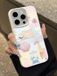 Vacation Style Minimalist Summer Surfboard & Palm Tree Texture Soft Waterproof Anti-Drop Anti-Slip Premium Phone Case, Suitable As Birthday/Holiday Gift For Friends, Family, Couples, Compatible With Apple 11/12Pro Max/13/14/15Pro Max/16Pro/17 Pro Max/17Air - Beige - View 5