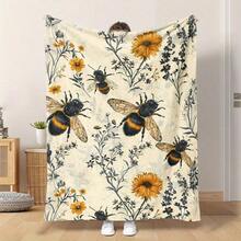 Bee And Wildflower Themed Flannel Throw Blanket - 100% Polyester Knitted Quilted Blanket With Digital Print 280gsm - Multicolor - View 4