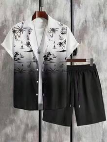 Conjunto de camisa con cuello y estampado de palmeras 3D para hombre, manga corta, pantalones cortos con bolsillo y cordón, suelto y cómodo, ideal para primavera/verano. - Negro - Ver 2