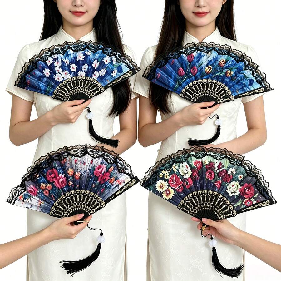 1件哥德風油畫花卉蕾絲折疊手扇附流蘇，復古便攜扇，適合夏季、派對、Cosplay與旗袍，4款可選