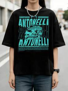 Grunge Cyan Antonelli Racing Helmet Multiple Brand Logo Cotton Ladies Tee,  World Race Tour Souvenir Present For Motor Racing Fans Daily Ou - 黑色 - 查看 1