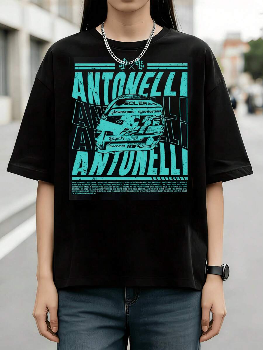 Grunge Cyan Antonelli Racing Helmet Multiple Brand Logo Cotton Ladies Tee, World Race Tour Souvenir Present For Motor Racing Fans Daily Ou - 黑色 - 查看 1
