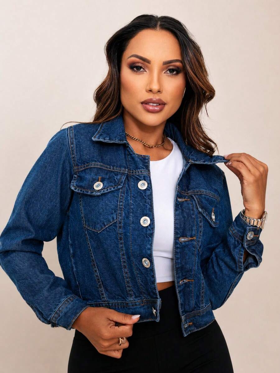 Women's Cropped Short Denim Jacket With Iron-On Button Hem - Mother's Day - 深色水洗藍 - 查看 1