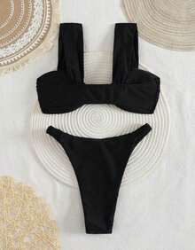 Women's Bikini With Thick Straps, Ruched Detail, High-Cut Bottom, Beachwear, Summer Style - Black - View 5