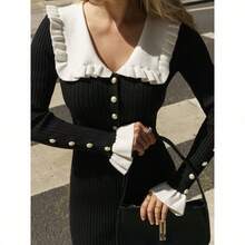 Long Knitted Dress Autumn Winter New Design Retro Style Elegant Feminine With Ruffles Fashion For Women - 黑色 - 查看 4
