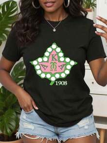 Vintage Style Cotton T-Shirt With Lisbon Slogan Print, Cute Graphic T-Shirt For Women 1908, AKA Pink And Green Print T-Shirt, Funny Lettering T-Shirt, Atu - 黑色 - 查看 1