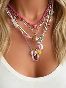 Collar de cuentas de estilo bohemio de varias capas, juego de 5 piezas con colgantes de concha, estrella de mar, pez y cangrejo, regalo temático del océano para vacaciones en la playa para m - Multicolor 2 - Ver 1