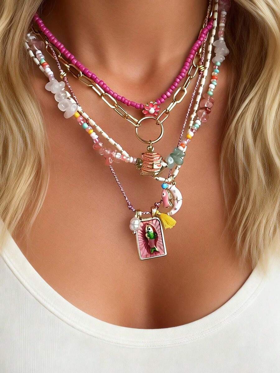 Collar de cuentas de estilo bohemio de varias capas, juego de 5 piezas con colgantes de concha, estrella de mar, pez y cangrejo, regalo temático del océano para vacaciones en la playa para m - Multicolor 2 - Ver 1