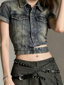 1pc Women's Double-Loop Versatile Casual Metal Buckle Rivet Extra Long Thin Waist Belt Punk Western Cowboy Style Thin Leather Belt For Daily And Party Wear - Black - View 3