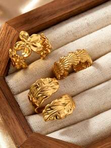 3pcs Summer Elegant Stainless Steel Flower Shell Leaf Women's Ring Set, Suitable For Daily Wear, Dating, Party, Holiday Accessories, Open Adjustable - Gold - View 2