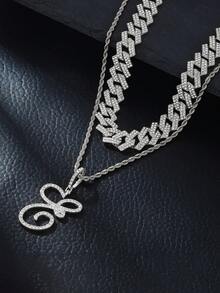 1pc Elegant Shiny Cursive Letter Pendant Necklace, Designed For Men, Combines Fashion And Luxury, Suitable For Parties, Banquets, Holiday Celebrations, Christmas And Other Occasions, Also Can Be Worn As Daily Wear Gift Jewelry, Versatile And Tasteful - Double-layered Hip-hop Letter Necklace - View 6