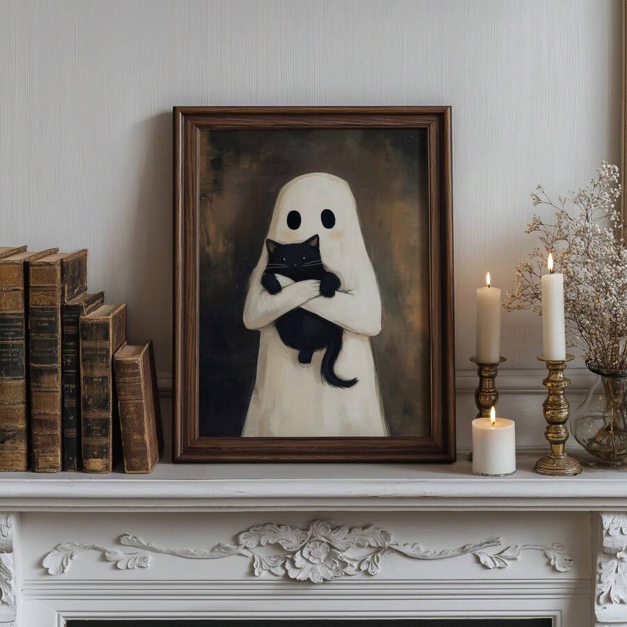 1pc Frameless Cute Ghost & Cat Halloween Wall Art Poster Print Black Cat Lover Gift For Apartment Living Room Bedroom Dorm Party Decor, Room Decor, Prints For Wall - Frameless - View 1