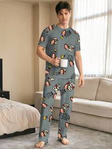 Conjunto de pijama personalizado para hombres, se puede imprimir cualquier patrón, pijama personalizado con fotos, adecuado para novio, amigos, de moda para otoño, fiesta de vacaciones - Negro - Ver 5