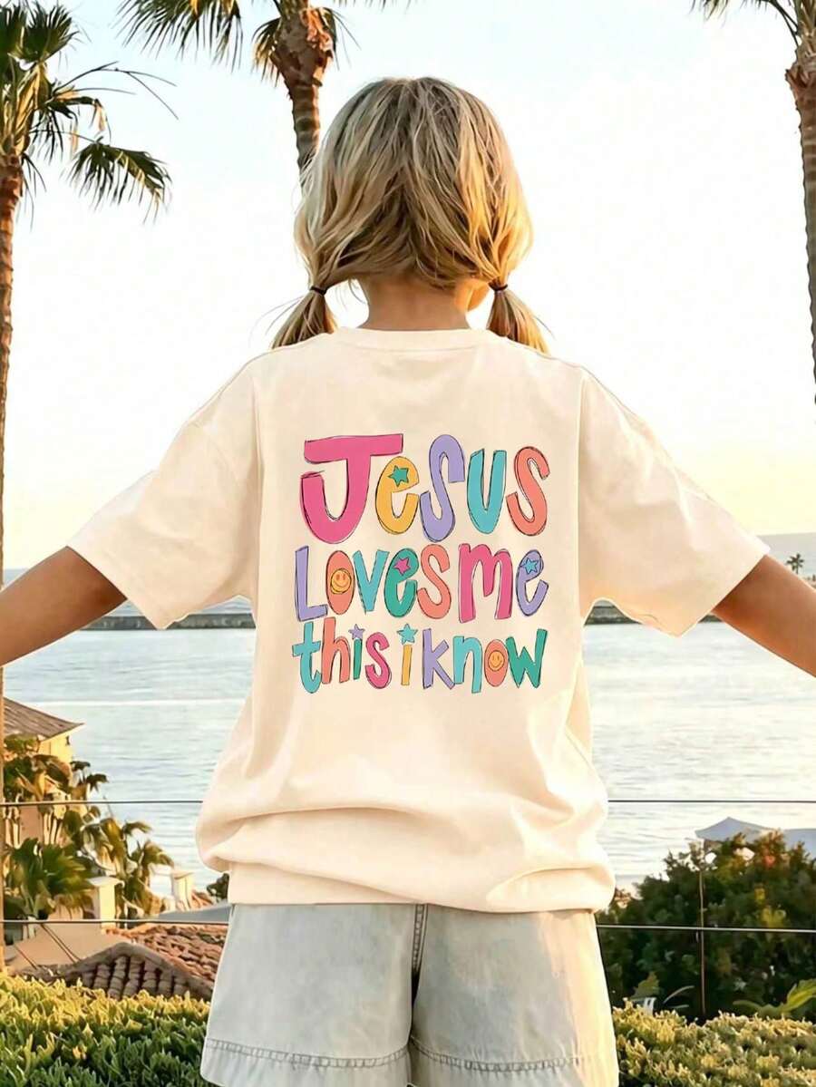Girls' Round Neck T-Shirt With "Jesus Loves Me" Print, Summer Top - White - View 1