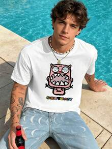 Men's T-Shirt With Funny Cartoon Graphics, Spring, Soft Cotton, Loose Fit, Breathable, Street Style, Hip-Hop, Art Print - White - View 1