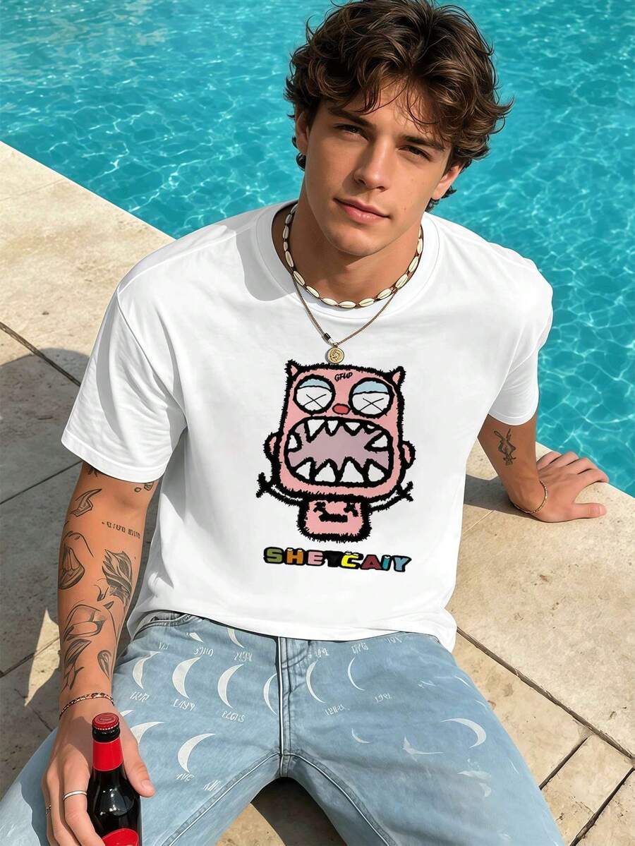 Men's T-Shirt With Funny Cartoon Graphics, Spring, Soft Cotton, Loose Fit, Breathable, Street Style, Hip-Hop, Art Print - White - View 1