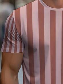 Camiseta deportiva casual de verano de manga corta, diseño a rayas en coral rosa suave, tela ligera de poliéster, ajuste cómodo para gimnasio o uso diario. - Negro - Ver 4