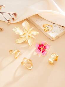 6pcs/Set Bohemian Ocean Style Asymmetrical Flower Oil Drop Rings Set, Women's Jewelry Accessories - Gold - View 7