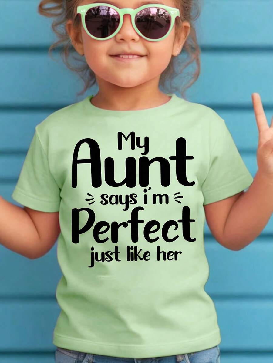 Girl's T-Shirt With Letter Print, Creative, Novel And Fashionable. - Hijau - View 1