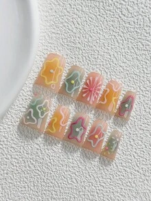 10pcs Graffiti Style Handmade Press-On Nails, Polygel Nail Art Set, Striped Hand-Painted Floral Design, Pink, Yellow, Green And Blue Nail Polish, Sweet Style, Includes Nail Tools, 3 Sizes Available, Almond, Duck, Coffin Shape, Suitable For Party, Dancing, Daily Wear - 彩色 - 查看 2