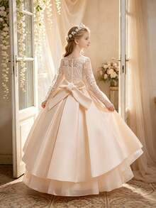 Tween Girls Round Neck Embroidered Floral Rhinestone Mesh Satin Elegant Flower Girl Dress Suitable For Birthday Party Evening Gala Ball Wedding Princess Dress - Champagne - View 6