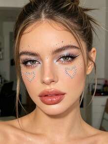 Silver Heart-Shaped Round 3D Glitter Face Gems, Y2K Self-Adhesive Rhinestones, DIY Concert Disco Party Shiny Face Decoration - Silver - View 4