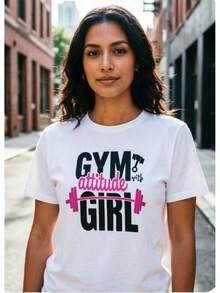 Camiseta de manga corta para mujer,Playera prenda camiseta negra estampado mujer pesas gimnasio letras gym color rosa corte holgado ropa deportiva casual - Blanco - Ver 2