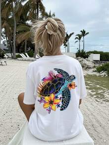 [Impresión a Doble Cara] Camiseta de Mujer para Primavera Verano, Estilo Vibrante, Estampado de Tortuga Marina, Hibisco y Flores Tropicales, Moda Casual y de Ocio, - Blanco - Ver 3
