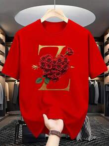1 Pack:  The Aesthetics Of Love! Rose Heart + Letter Z, Igniting Your Unique Romantic Statement - Men's Casual Style T-Shirt, A Clear Expression Of Love, A Sweet - 紅色 - 查看 1
