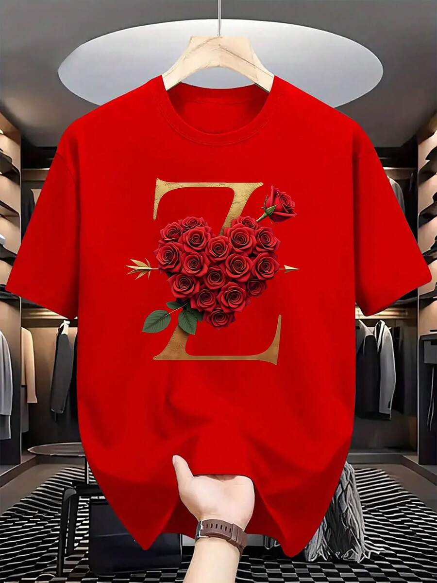 1 Pack: The Aesthetics Of Love! Rose Heart + Letter Z, Igniting Your Unique Romantic Statement - Men's Casual Style T-Shirt, A Clear Expression Of Love, A Sweet - 紅色 - 查看 1