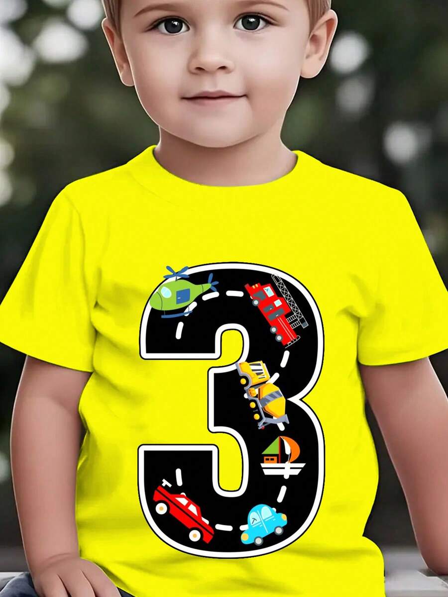 Fashionable Short-Sleeved T-Shirt For Children In Summer With Cartoon Prints Of The Number 3, Cars, Helicopters, Boats, Etc. Casual Outdoor Top NY-DX9726 - 粉色 - 查看 1