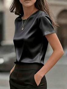 Elegant Women's Plain-Colored Fitted T-Shirt, Formal For The Office - 黑色 - 查看 3