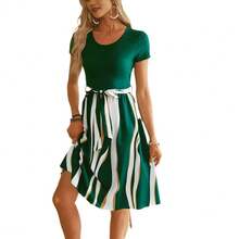 Elegant Summer Dress With Belt And Color Blocks For Everyday Wear, With Short Sleeves, For Cross-Border Women - 酒紅色 - 查看 5
