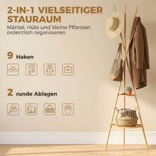 Freestanding Coat Rack With 9 Hooks And 2 Shelves For The Entrance, Natural Finish. - 原木色 - 查看 4