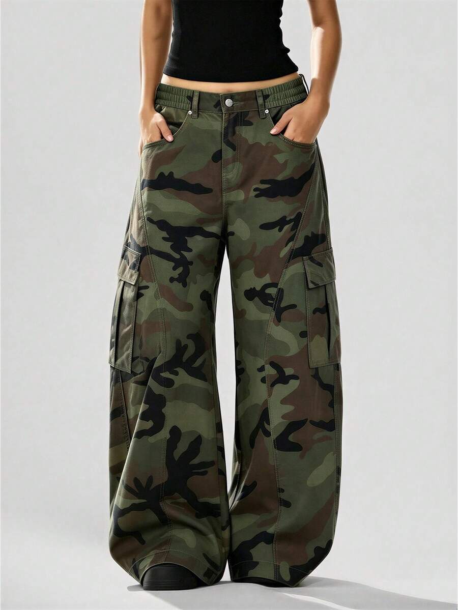 Women's Spring/Autumn Casual Fashion Straight Leg Outdoor Camouflage Cargo Pants Vacation Style - Army Green - View 1