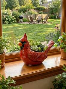 Handpainted Resin Red Bird Succulent Planter, Cute Animal Shaped Flower Pot For Indoor/Outdoor Plants, Unique Decorative Gift For Garden, Windowsill, Tabletop - Red Sparrow - View 5