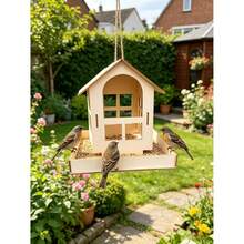 Wooden Assembled Birdhouse, Balcony Hanging Garden Decor To Attract Birds, Hanging Outdoor Garden Decoration, Bird Cage, Hanging Bird Feeder - Perfect For Garden And Patio Decor, Outdoor Bird Feeder | Rustic Style | - Maple - View 4