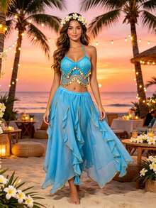 Belly Dance Sequin Coin Mesh Halter Crop Top, Gold Trim Flowy Chiffon Maxi Skirt For Beach Vacation & Stage Performance - Multicolor - View 17