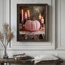 1pc Canvas Wall Art Print With Frame, Sweet & Cool Girl Style Pink Lace Pumpkin And Glowing Pink Candle Vintage Still Life Oil Painting, Soft Atmosphere Autumn Halloween Aesthetic Wall Poster For Modern Home Decor And Room Decoration - Pink Pumpkin - View 8