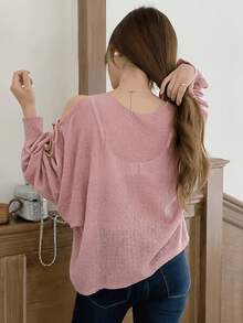 European Style Batwing Sleeve Sweater For Spring/Summer, Loose Top With V-Neck And Lantern Sleeves. - Pink - View 5