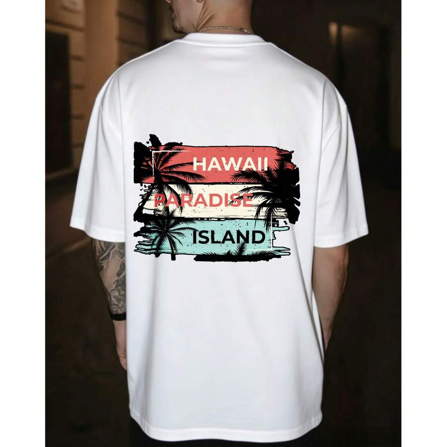 Hombre, Hawái, Camiseta, Diseño de palmeras y colores tropicales con texto Hawaii Paradise Island, Corte holgado, Ideal para vacaciones en la playa - Blanco - Ver 1