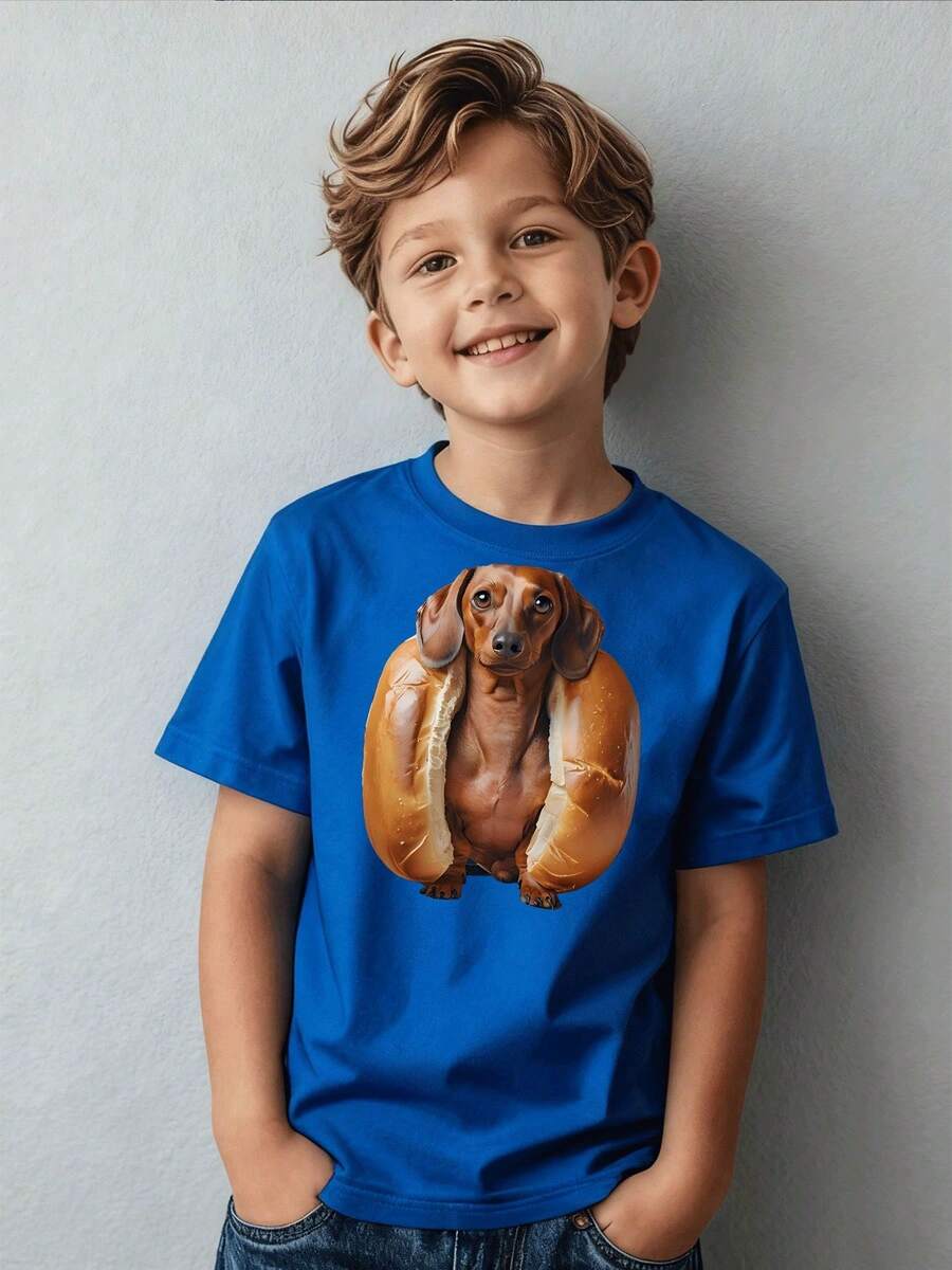Short-Sleeved Children's Clothing, Casual And Fashionable T-Shirt With Sausage Dog And Hot Dog Bun Print, Suitable For Children Aged 5-13 Years, For Daily Wear, Holiday Gift. - 寶藍色 - 查看 1