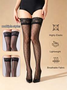 1 Paar transparente Spitzen-Saum Oberschenkelstrümpfe, sexy rutschfeste Silikon-Überknie-Socken, ultradünne transparente schwarze Haltestrümpfe, für Party, Nachtclub und Alltag - Schwarz - Übersicht 6