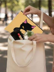 Tsundere Black Cat "Nope" Coffee Cup Makeup Bag, Funny Cat Print Zipper Storage Pouch, Portable Cosmetic Creative Gift - Multicolor - View 4