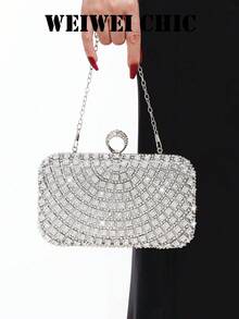 Bolso de noche elegante con pedrería, diseño de hebilla en forma de anillo, correa de cadena plateada desmontable, bolso de fiesta formal brillante, esencial para bodas y bailes de primavera/verano, perfecto para banquetes, fiestas de boda, cenas de cumpleaños y eventos nocturnos - Plateado - Ver 6