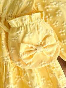 Baby Girl Sweet Spring/Autumn Princess Style 2-Piece Set: 3D Jacquard Lapel Long Sleeve Cinched Waist Dress + Matching Bow Crossbody Bag - Yellow - View 6