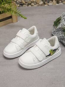 1 Pair Dinosaur Print Kids' Shoes, Suitable For All Seasons, Unisex, Student, Magic Tape, Comfortable, Casual, Non-Slip, Flat Bottom, Versatile, Fashionable, Sports Shoes - White - View 3
