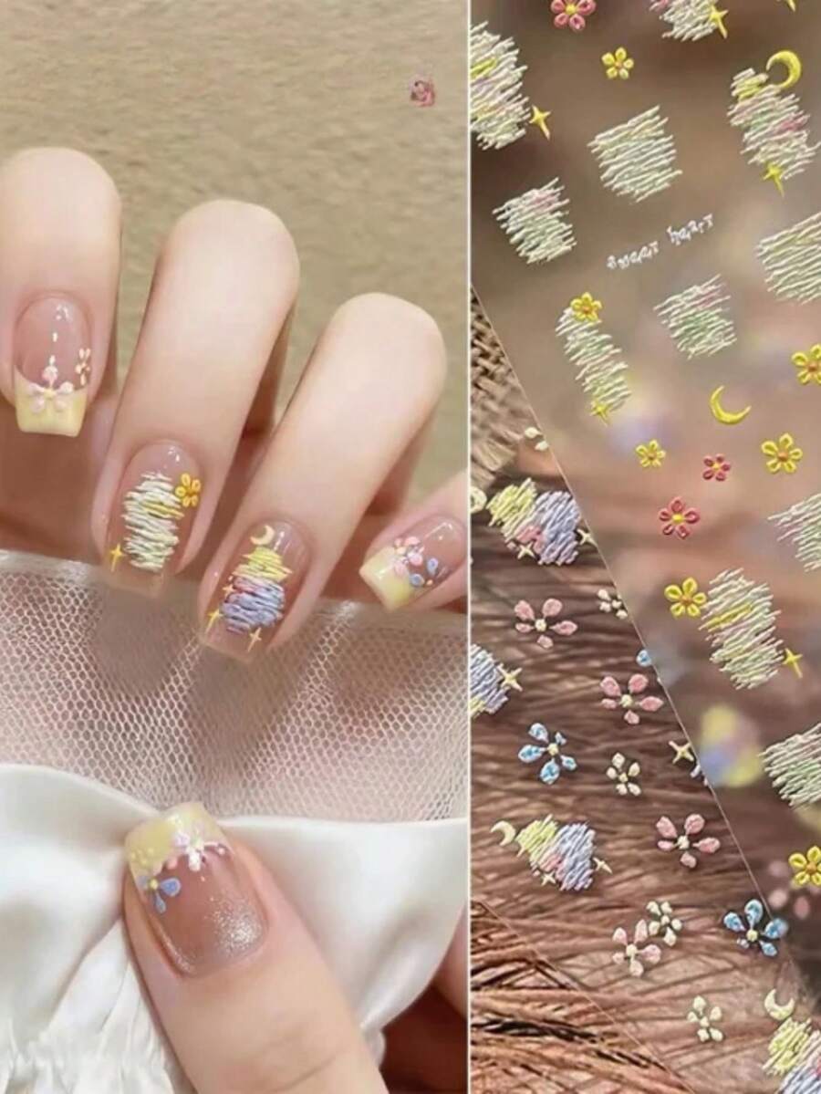 1pc 3D Embossed Macaron Graffiti Mountain Nail Stickers, Soft Pastel Pink Yellow Blue Color Palette, Paired With Mini Five-Petal Flowers, Crescent Moon, Star Cute Elements, 3D Embossed Texture Soft And Healing, Ultra-Thin Soft Film With Self-Adhesive Backing, Can Be Freely Cut To Fit Square, Round, Almond And Other Nail Shapes. Suitable For Nude Transparent French Press-On Nails, Gel Extension Nails DIY - Multicolor - View 1